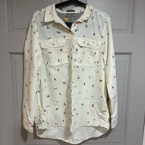 Eddie Bauer Blouse Women‎ Size Large Skier Print Brushed Cotton Nordic Retro